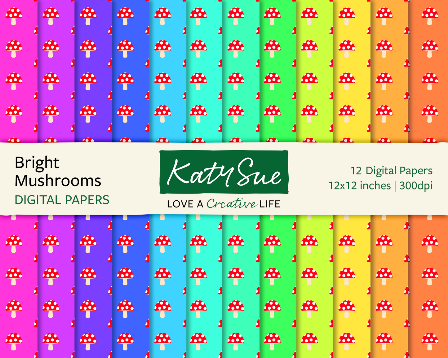 Bright Mushrooms | 12x12 Digital Papers